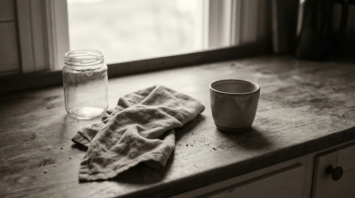 Køkkenbord i morgenlys med glas, linnedklud og kop